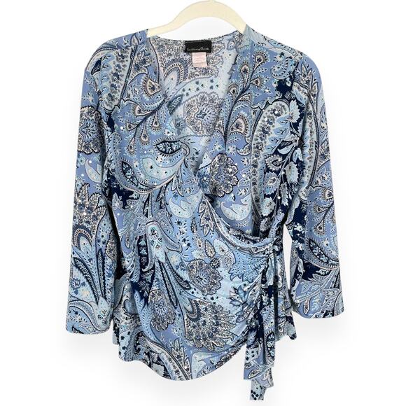 y2k Brittany Black Bedazzled Paisley Wrap Top Size L Blue Hippie Retro Stretchy - Picture 1 of 12